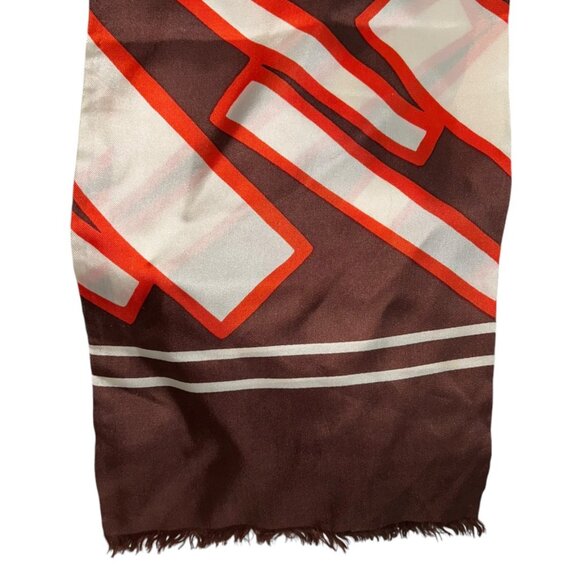 Fall brown Orange vintage 100% SILK fringe trim 60s mod print scarf ASNEW - Picture 3 of 5
